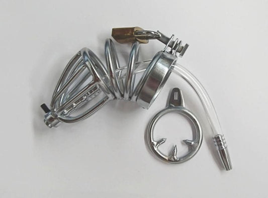 Chastity Device with Cock Ring and Catheter Tube - - Male Chastity