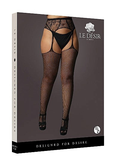 Fishnet and Lace Garterbelt Stockings - Black - - Hosiery
