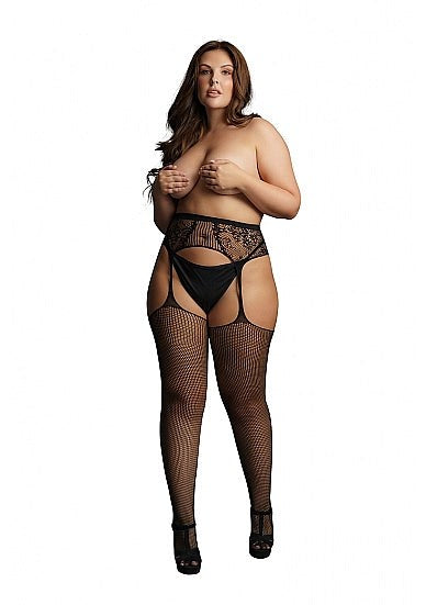 Fishnet and Lace Garterbelt Stockings - Black - - Hosiery