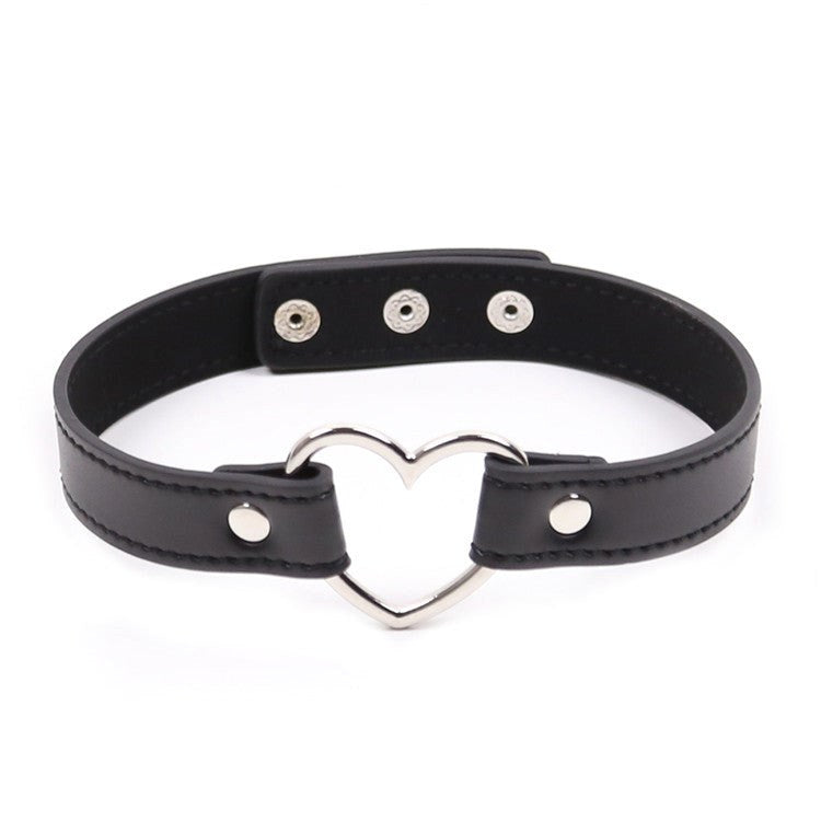 Leather Collar With Metal Heart - - Collars And Cuffs