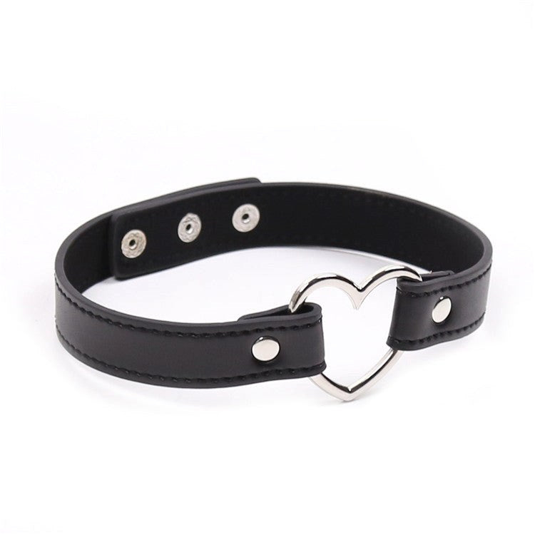 Leather Collar With Metal Heart - - Collars And Cuffs