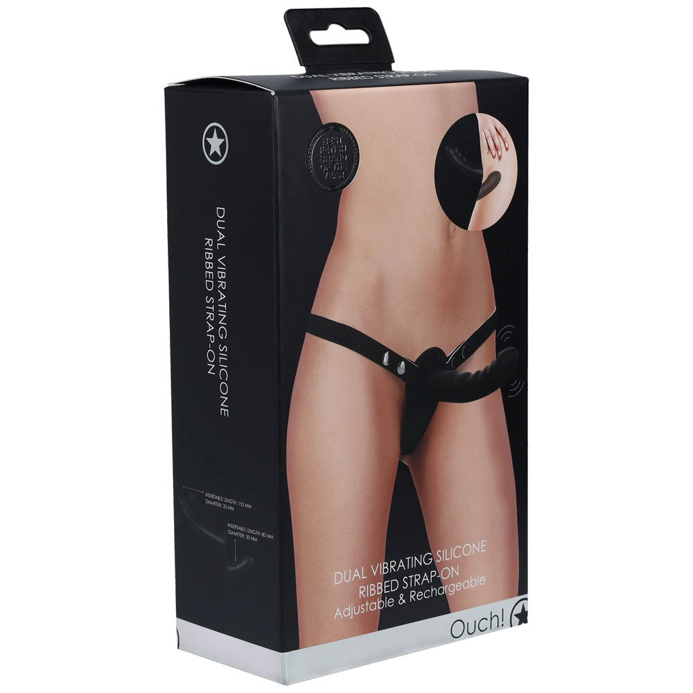 OUCH! Dual Silicone Ribbed Vibrating Strap-On - - Strap On Sextoys