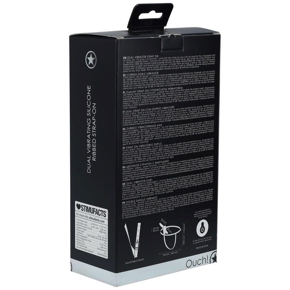 OUCH! Dual Silicone Ribbed Vibrating Strap-On - - Strap On Sextoys