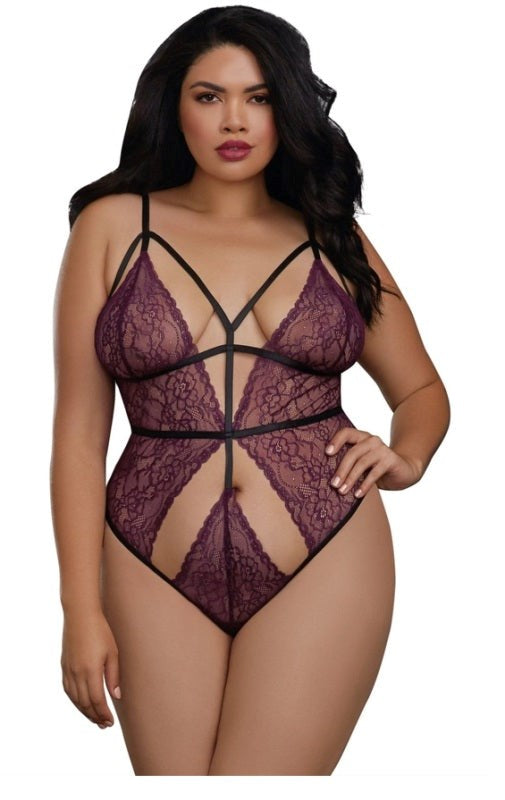 Plus Size Stretch Lace Teddy with Strappy Elastic Details - - Babydolls And Chemises