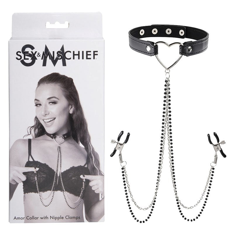 S&M Amor Collar With Nipple Clamps - - Collars And Cuffs