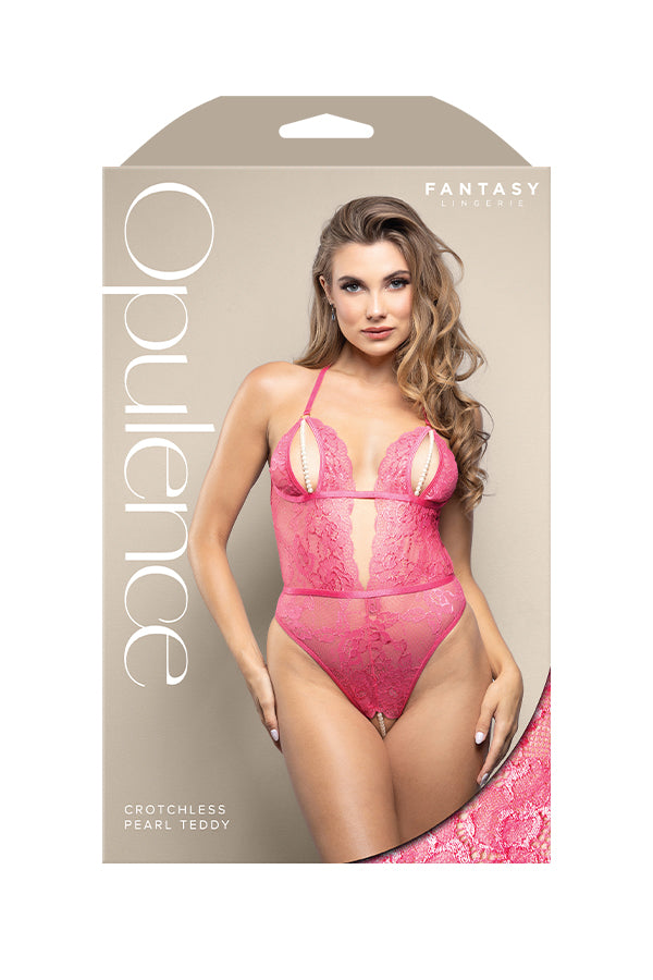 Fantasy Lingerie OPULENCE Crotchless Pearl Teddy Pink - Teddies and Bodysuits