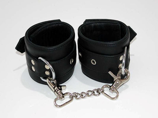 Leather Studded Wrist Cuffs With Chains - - Collars And Cuffs