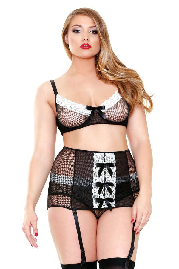 CURVE Fishnet & Lace Bra & Garter Belt Set - Fancy Dress Ups