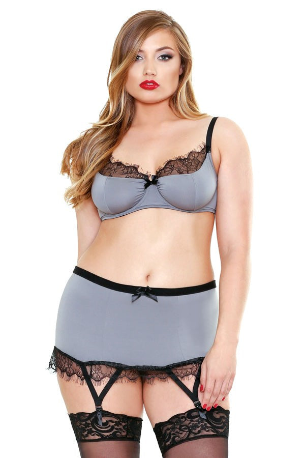 CURVE Lace Trim Bra, Skirt & G-String - Plus Sized Lingerie