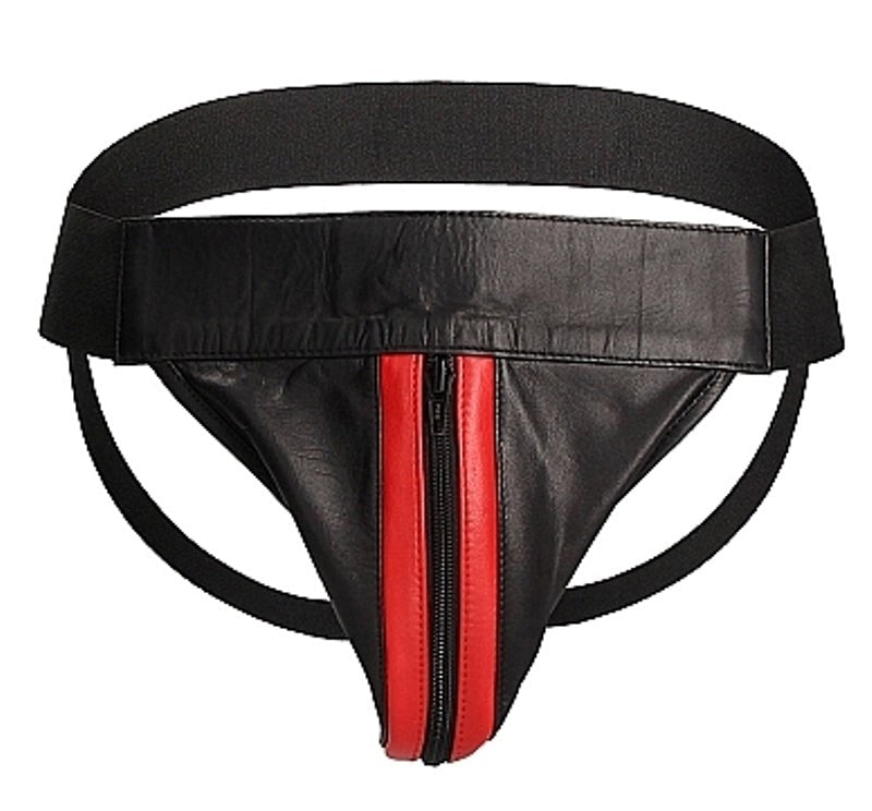 Uomo Striped Front With Zip Leather Jock Black/Red - His Fetish