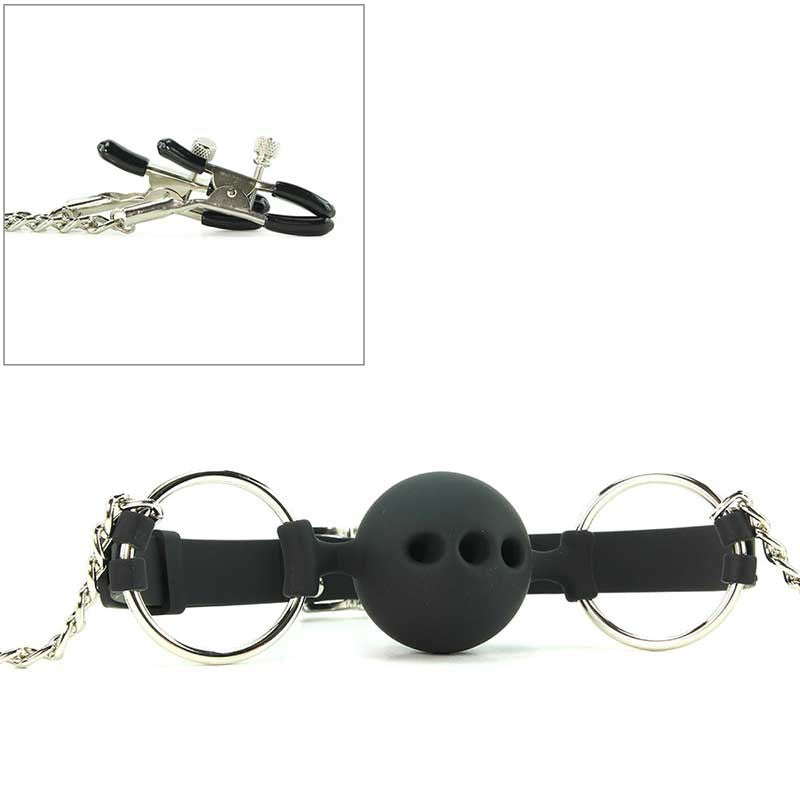 Hinder Breathable Silicone Ball Gag With Nipple Clamps - Bondage Gags and Bits