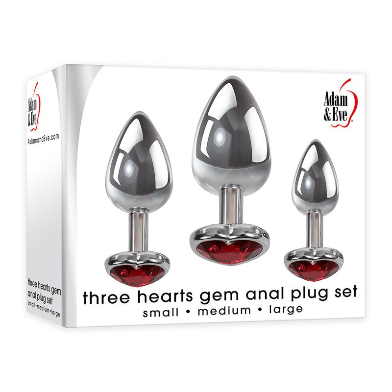 Adam and Eve Three Hearts Gem Metallic Anal Plug Set with Gem Bases - Butt Plugs