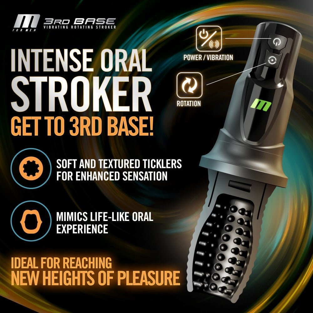 Blush Novelties M For Men 3rd Base Vibrating & Rotating Auto Stroker Black - Masturbators and Strokers