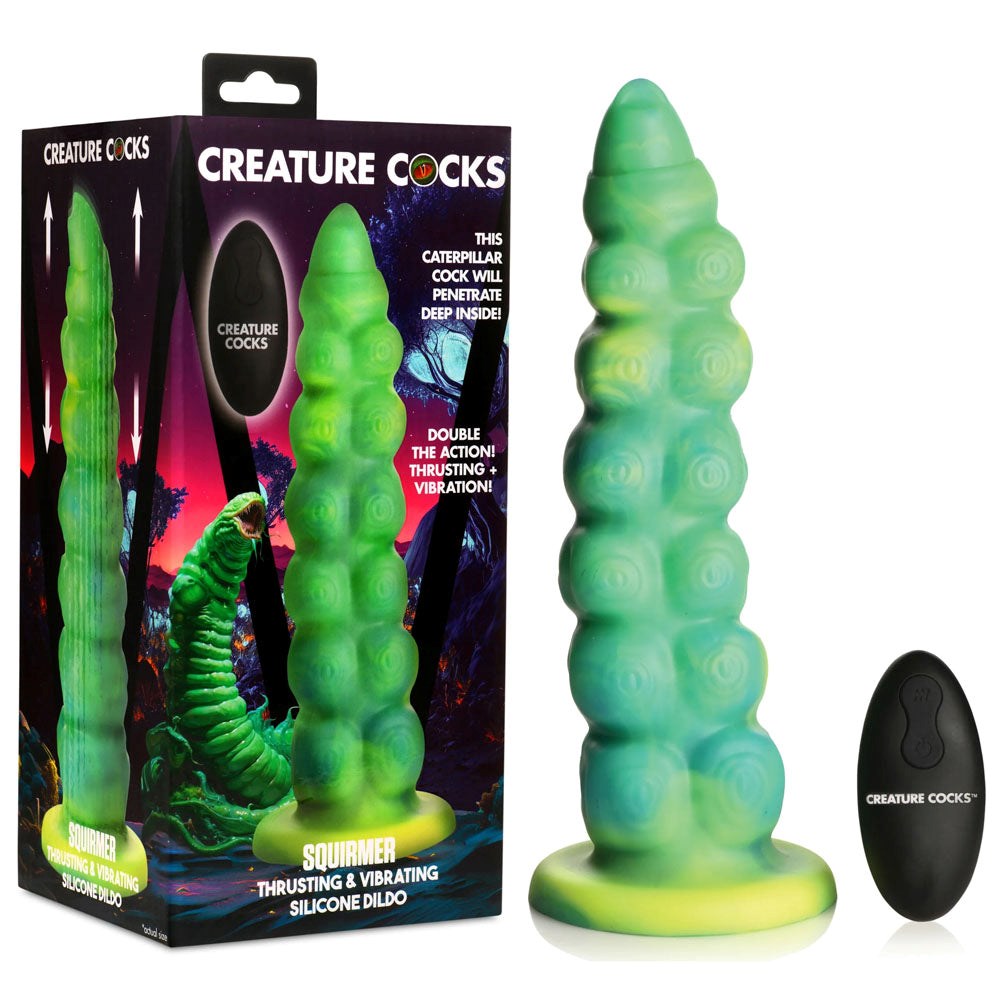 XR Brands Creature Cocks Squirmer Thrusting and Vibrating Fantasy Dildo Green 22.3cm - Vibrating Dildos