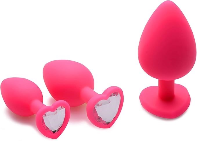 Frisky Pink Hearts Silicone Anal Plugs with Gem Accents 3 Piece - Butt Plugs