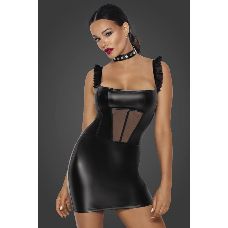Noir Handmade Power Wetlook Short Dress With Front Tulle Inserts Black - Her Fetish