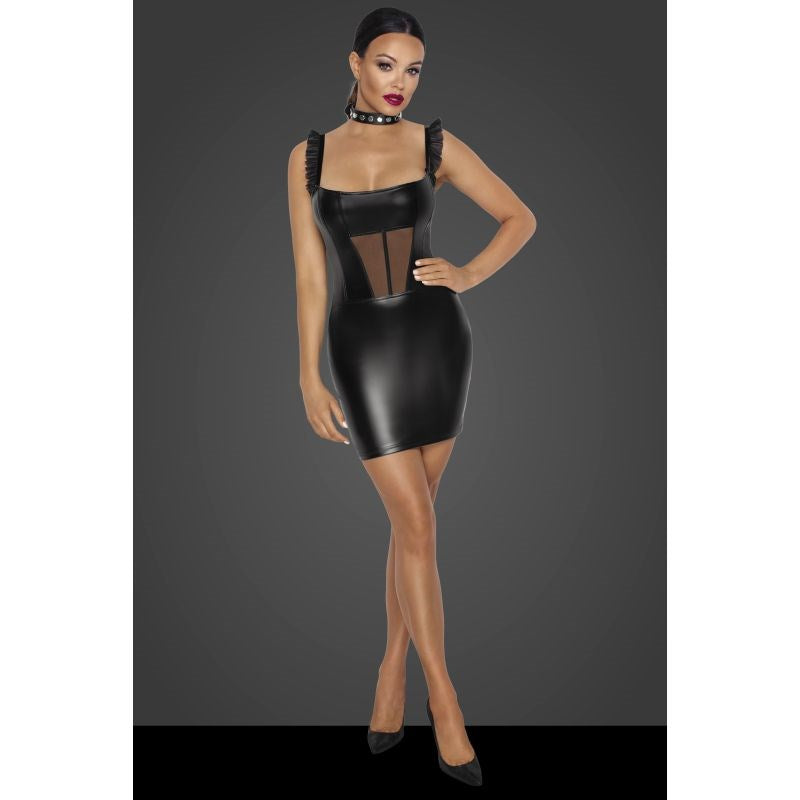 Noir Handmade Power Wetlook Short Dress With Front Tulle Inserts Black - Her Fetish