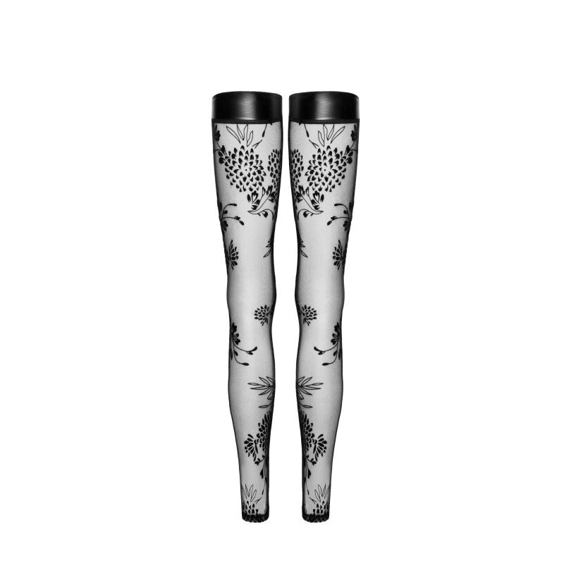 Noir Handmade Tulle Stockings With Patterned Flock Embroidery and Power Wetlook Band Black - Her Fetish