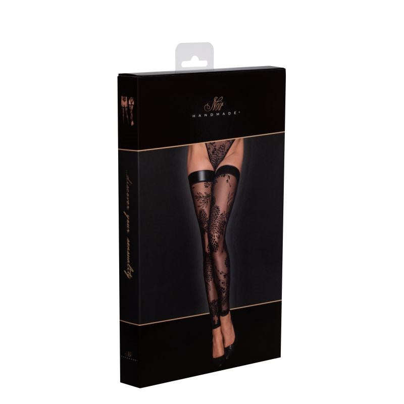 Noir Handmade Tulle Stockings With Patterned Flock Embroidery and Power Wetlook Band Black - Her Fetish