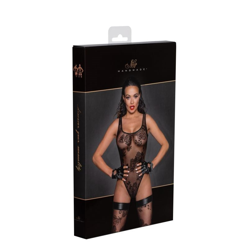 Noir Handmade Womens Tulle Bodysuit With Patterned Flock Embroidery Black - Her Fetish