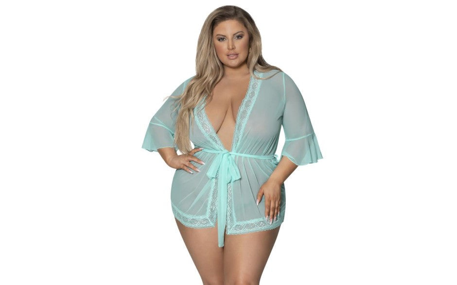 Exposed Lingerie Womens Robe with Lace Trim Turquoise - Kimono's and Gowns