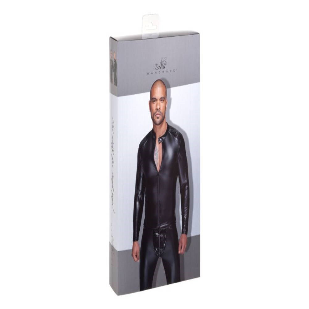 Noir Handmade Power Wetlook Mens Jacket With Pleated PVC Epaulets - His Fetish