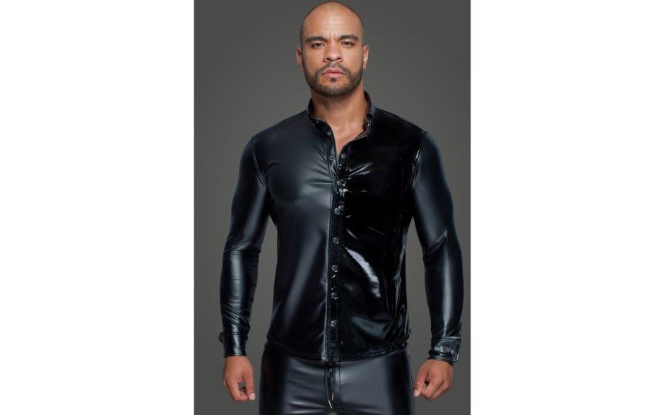Noir Handmade Powerwetlook PVC Long Sleeved Mens Shirt With Button Placket - His Fetish
