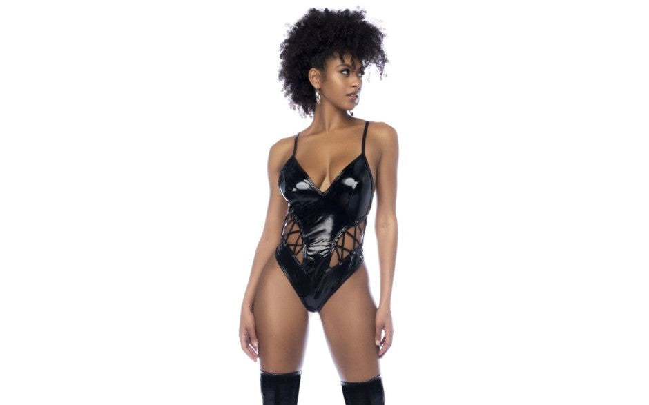Mapale Wet Look Vinyl Bodysuit With Lace-up Eyelet Details Black - Her Fetish