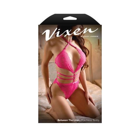 Fantasy Lingerie Vixen Between The Lines Womens Teddy Hot Pink - Teddies and Bodysuits