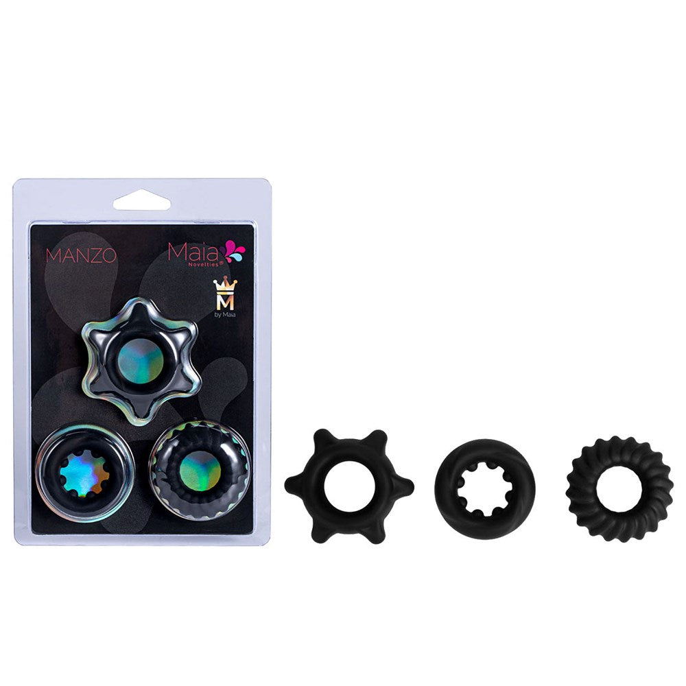 Maia MANZO Stretchy Silicone Cock Rings Set of 3 Black - Cock Ring Sets