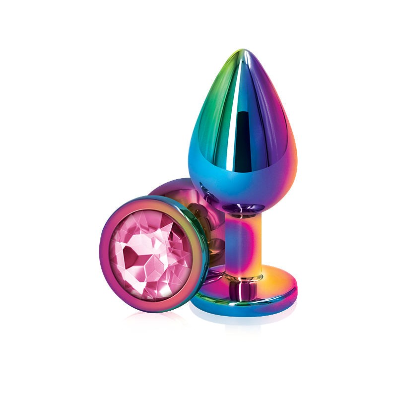 NS Novelties Rear Assets Multi Coloured Medium Metal Butt Plug With Pink Gem Base - Butt Plugs