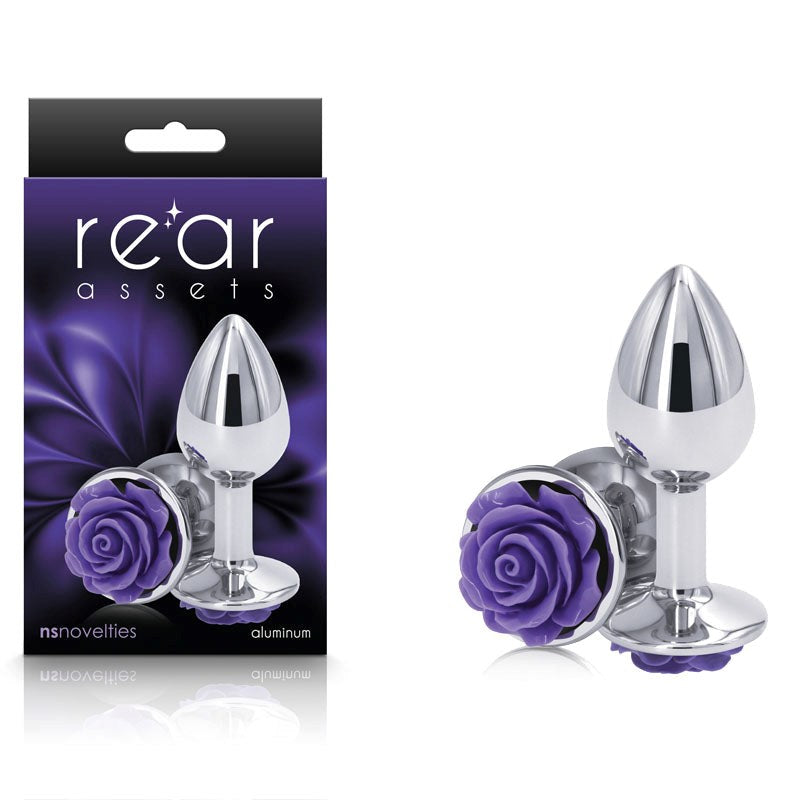 NS Novelties Rear Assets Rose Metal Butt Plug With Purple Rose Base Small - Butt Plugs