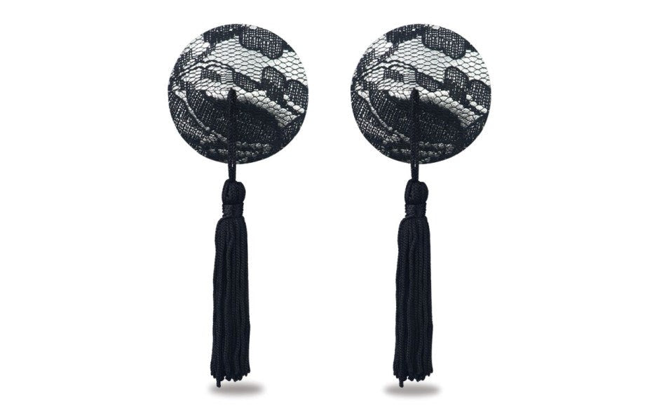 Lovetoy Reusable Black Lace Round Tassel Nipple Pasties - Breast and Nipple Toys