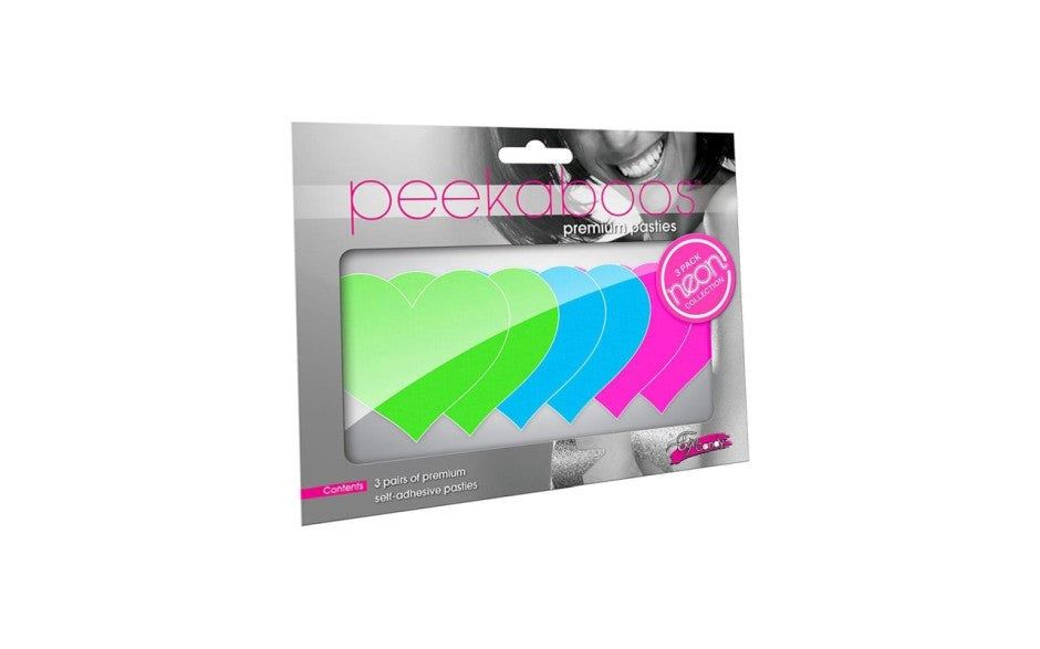 Peekaboo Neon Heart Nipple Pasties 3 Pack Green / Blue / Pink - Fancy Dress Ups