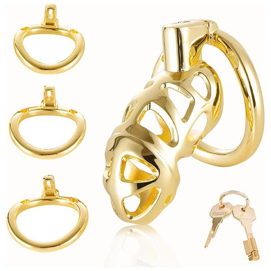 BDStyle Gold Chastity Cage Locked with 3 Active Sizes Rings
