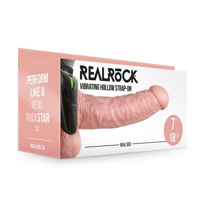 Shots REALROCK Vibrating Hollow Strapon Dildo & Balls 18cm Flesh - Strap On Sextoys