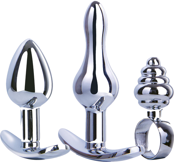Hardware Gear T Bar Base 3 In 1 Metal Butt Plug Kit Set Chrome - Butt Plugs