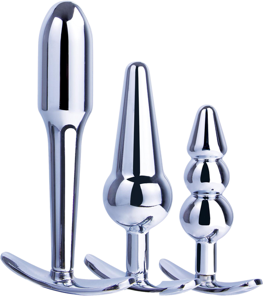 Hardware Gear 3 In 1 Metal Butt Plug Kit Set With Pull Ring Design Chrome - Butt Plugs