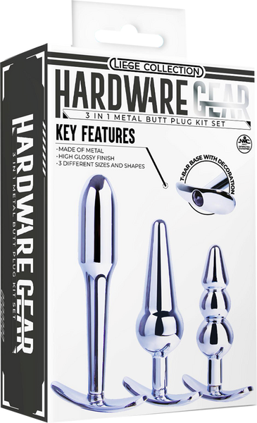 Hardware Gear 3 In 1 Metal Butt Plug Kit Set With Pull Ring Design Chrome - Butt Plugs