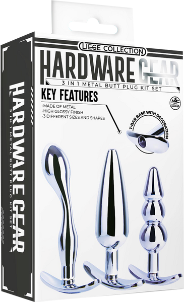 Hardware Gear 3 in 1 High Glossy Finish Metal Butt Plug Kit Set Chrome - Butt Plugs
