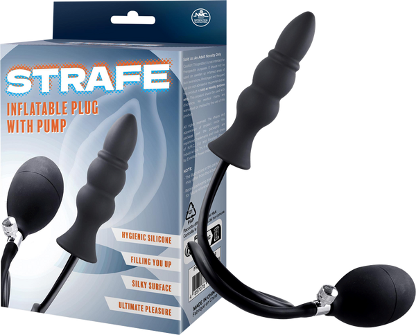Strafe Inflatable Ribbed Silicone Anal Plug With Pumps Black - Butt Plugs