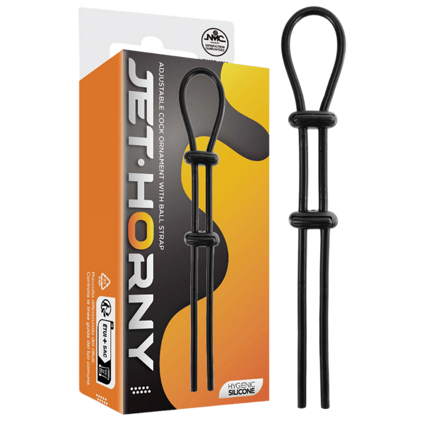 Jet Horny Adjustable Male Cock Ornament with Ball Strap Black - Stretchy Cock Rings