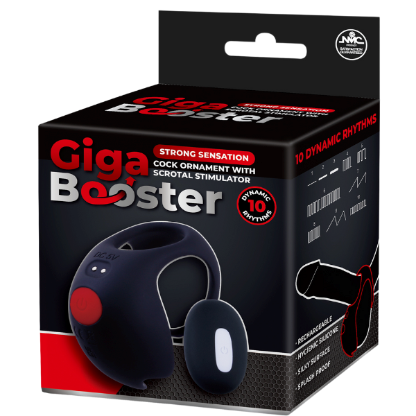 Giga Booster Rechargeable Cock Ornament with Scrotal Stimulator Black - Vibrating Cock Rings