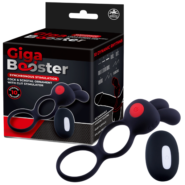 Giga Booster Cock & Scrotal Ornament With Clit Stimulator Black - Vibrating Cock Rings