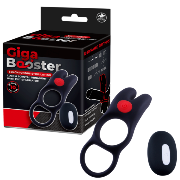 Giga Booster Vibrating Cock & Scrotal Ring With Clit Stimulator Black - Vibrating Cock Rings