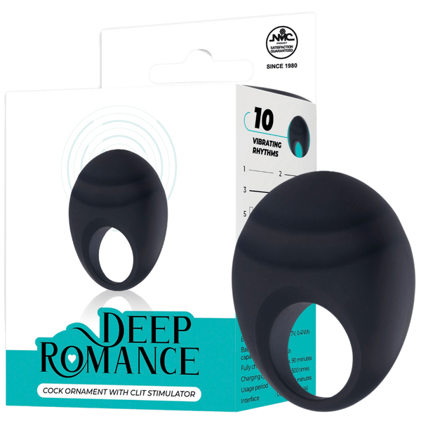 Deep Romance 10 Function Cock Ornament With Clit Stimulator Black - Vibrating Cock Rings