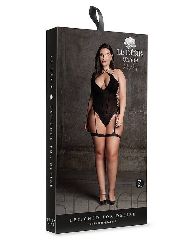 Le Desir Shade Metis XVI Womens Bodysuit with Garters and Crossed Neckline Black - Teddies and Bodysuits