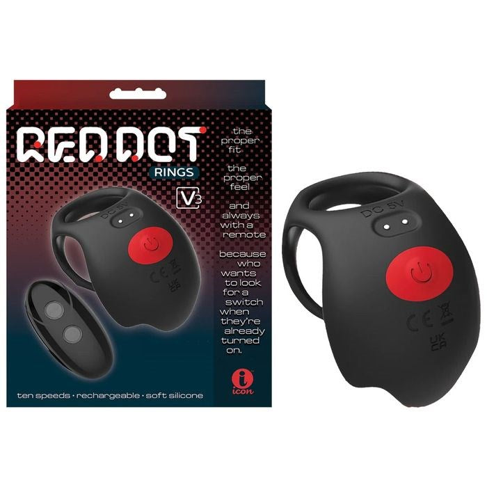 Icon Brands Red Dot V3 Rechargeable Cock and Ball Ring Black - Vibrating Cock Rings