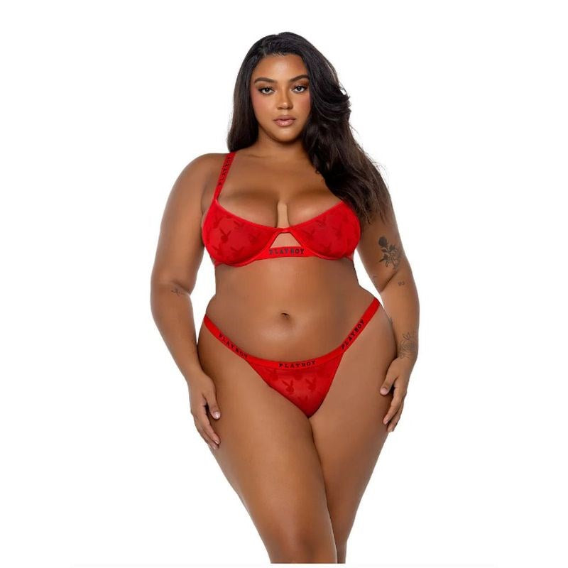 Playboy Rouge Bunny 2 Piece Bra and Panty Set Red Flock - Bras and Bra Sets