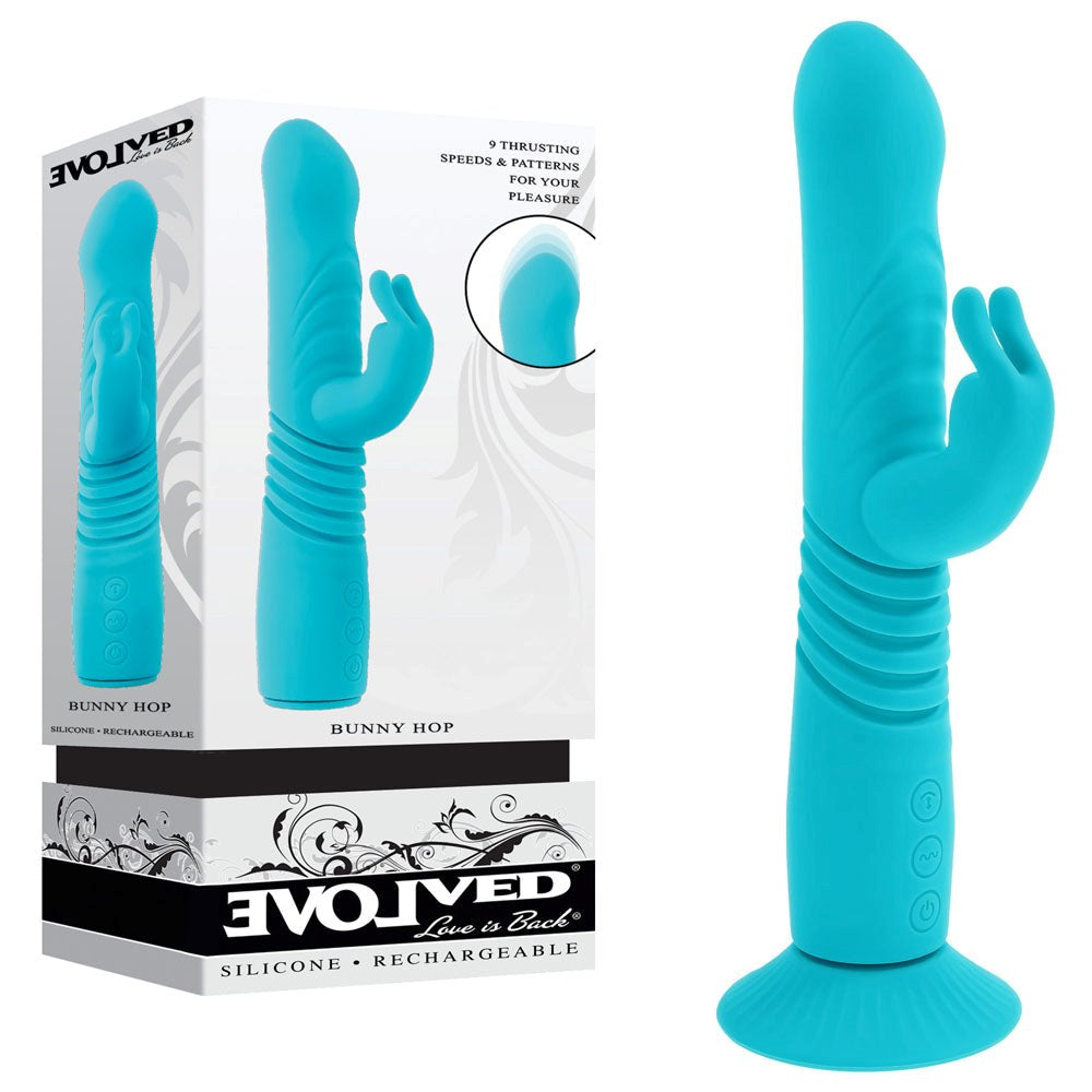 Evolved BUNNY HOP Thrusting Rabbit Vibrator Teal - Rabbit Vibrators